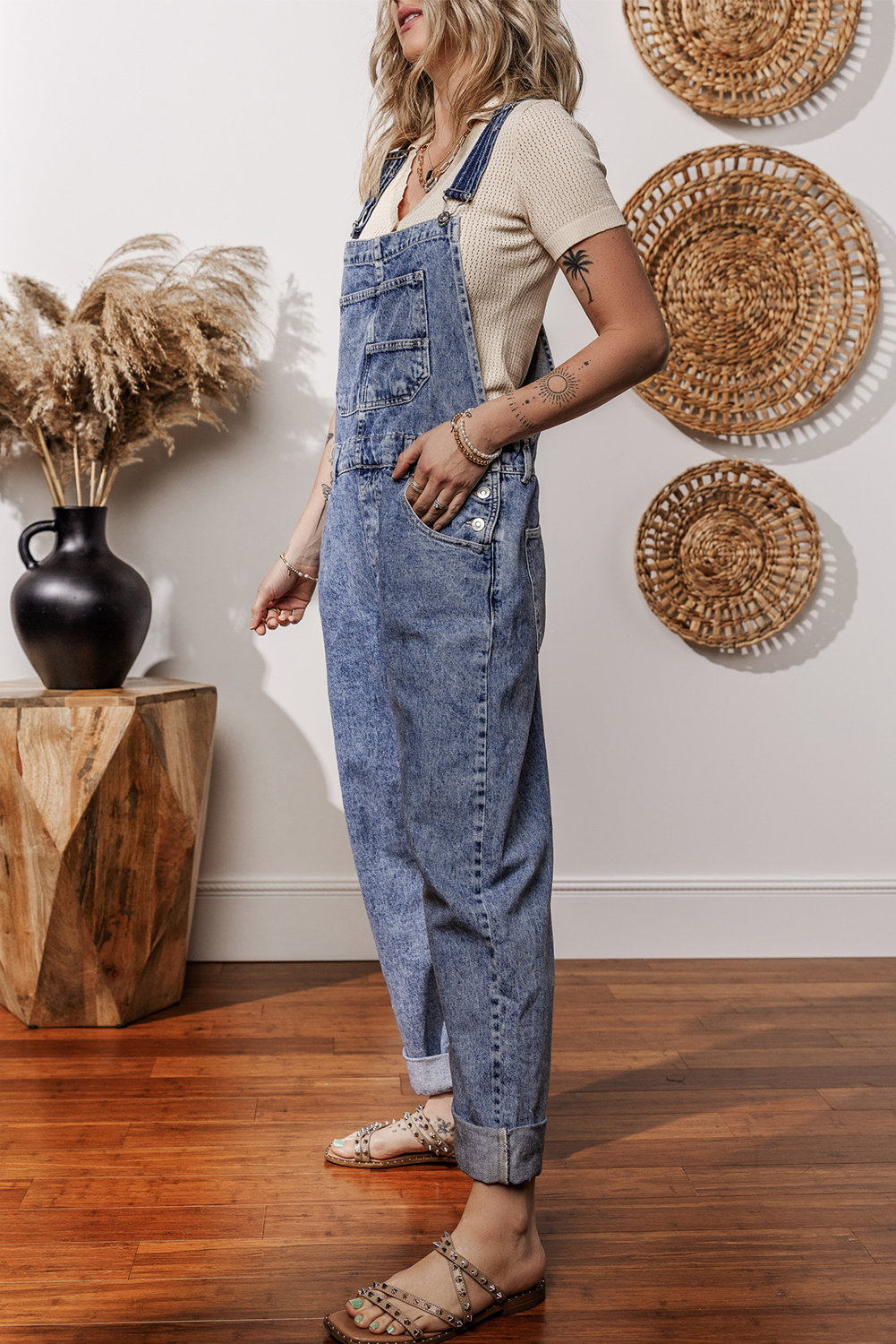 Sail Blue Denim Bib Straight Leg Jumpsuit with Pockets - loveforevers
