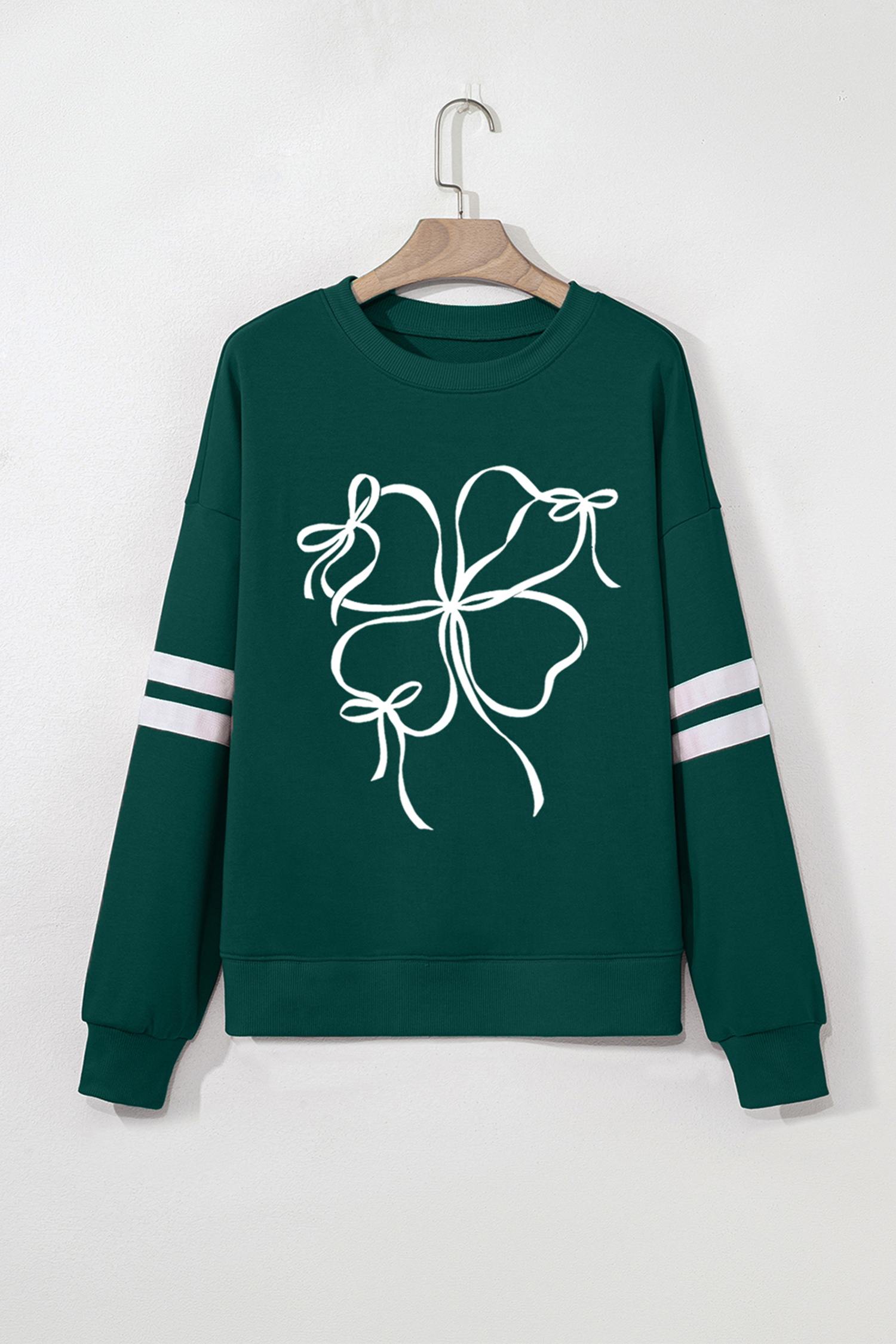 Evergreen Ribbon Bow Lucky Clover Varsity Striped Sleeve Casual Sweatshirt - loveforevers