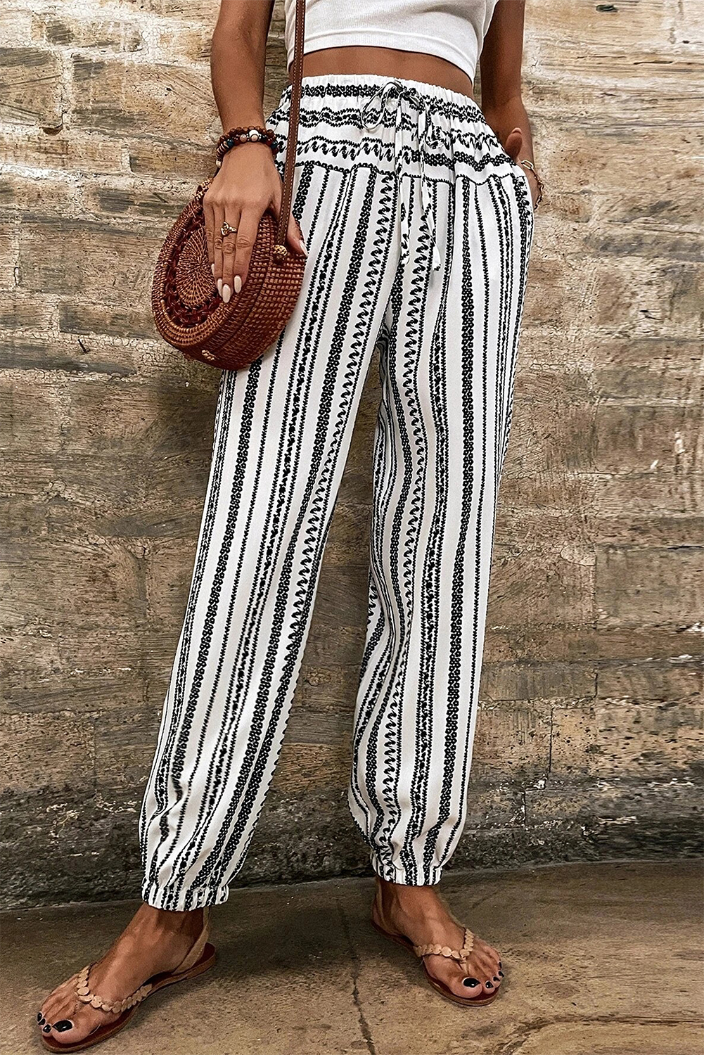 Black Stripe Boho Print Drawstring Elastic Waistband Casual Joggers - loveforevers