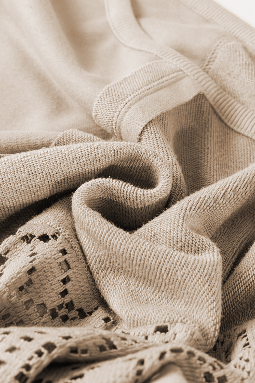Parchment Knit Crochet Exposed Seam Ribbed Trim Sweatshirt - loveforevers