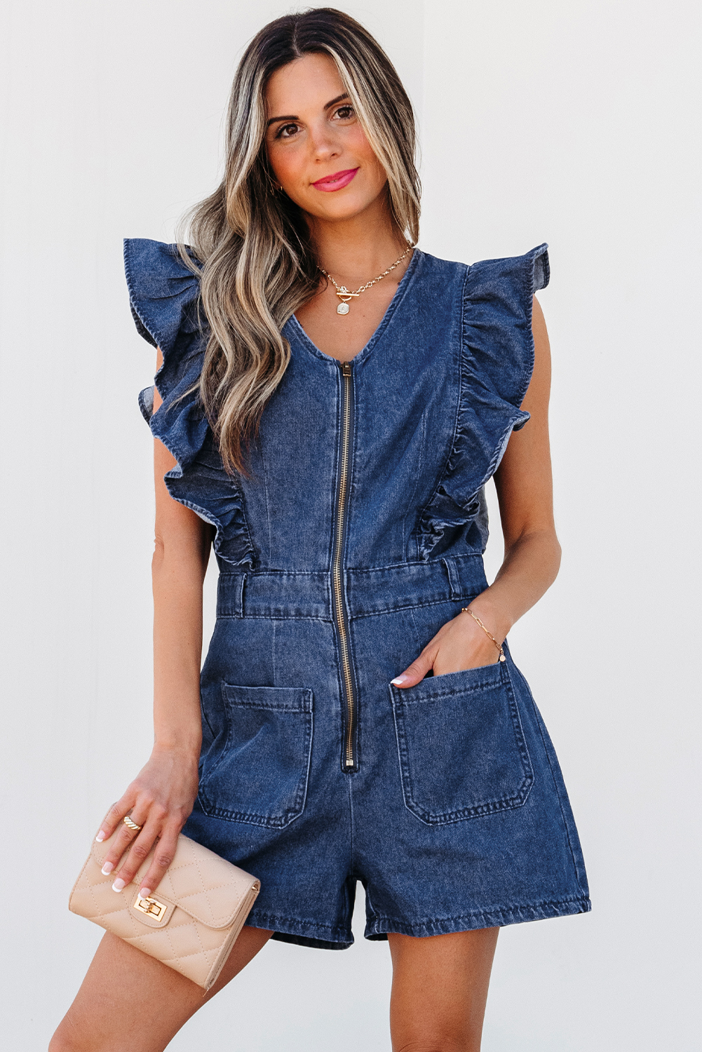 Sail Blue Denim Ruffled Zipped Front Belted Romper - loveforevers