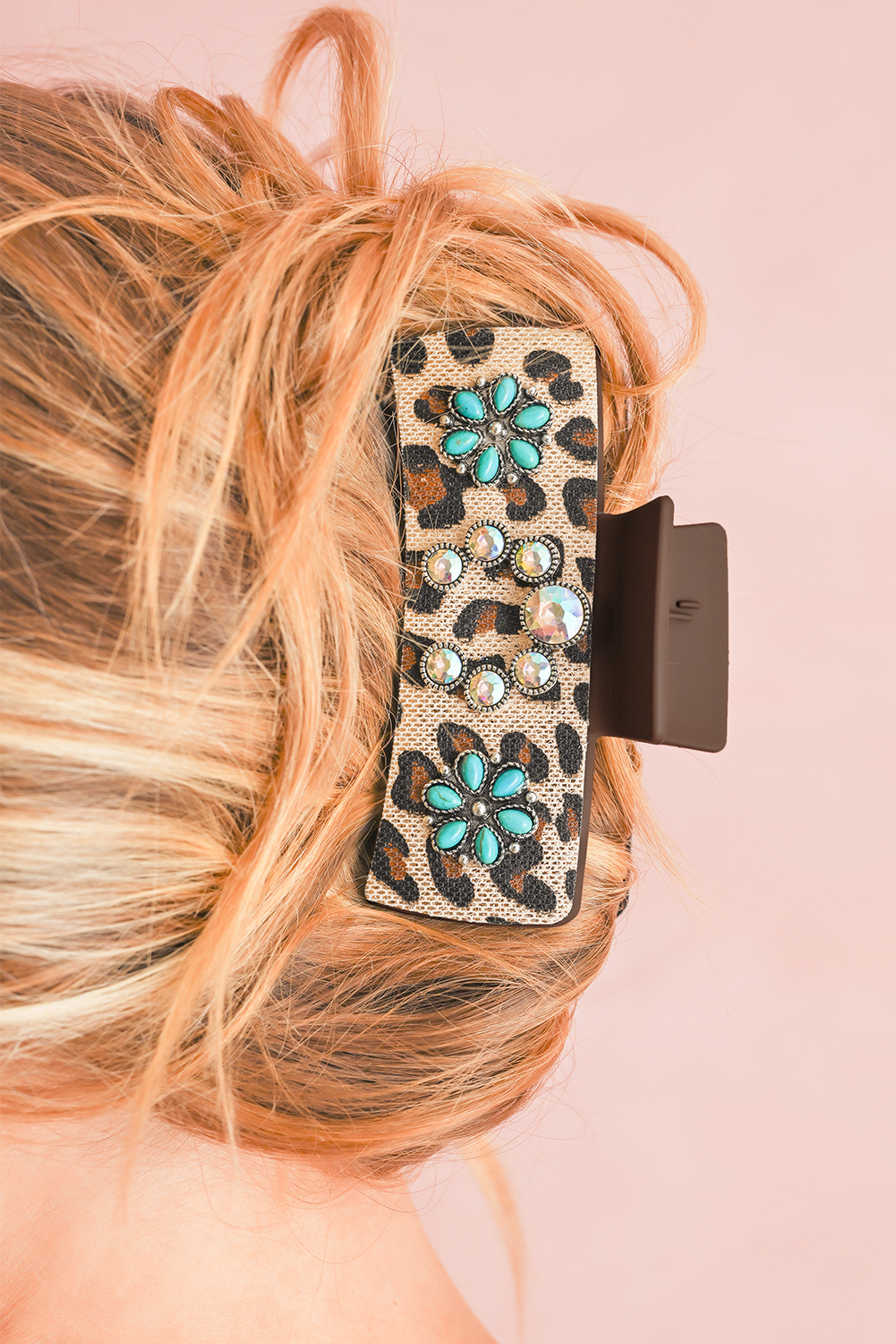 Parchment Western Leopard Print Gem Turquoise Detail Jaw Hair Clip - loveforevers