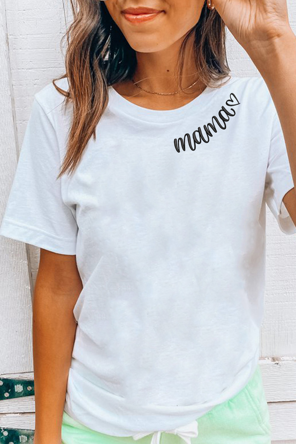 White mama Heart Embroidered Crew Neck T Shirt - loveforevers