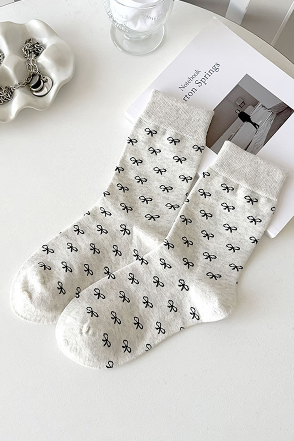 Black Bow Knots Ribbed Edge Crew Socks - loveforevers