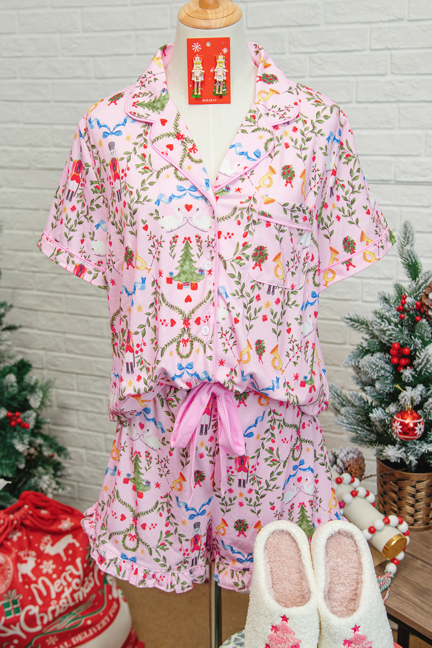 Pink Nutcracker Doll Christmas Print Ribbon Tie Waist Short 2pcs Pajama Set - loveforevers
