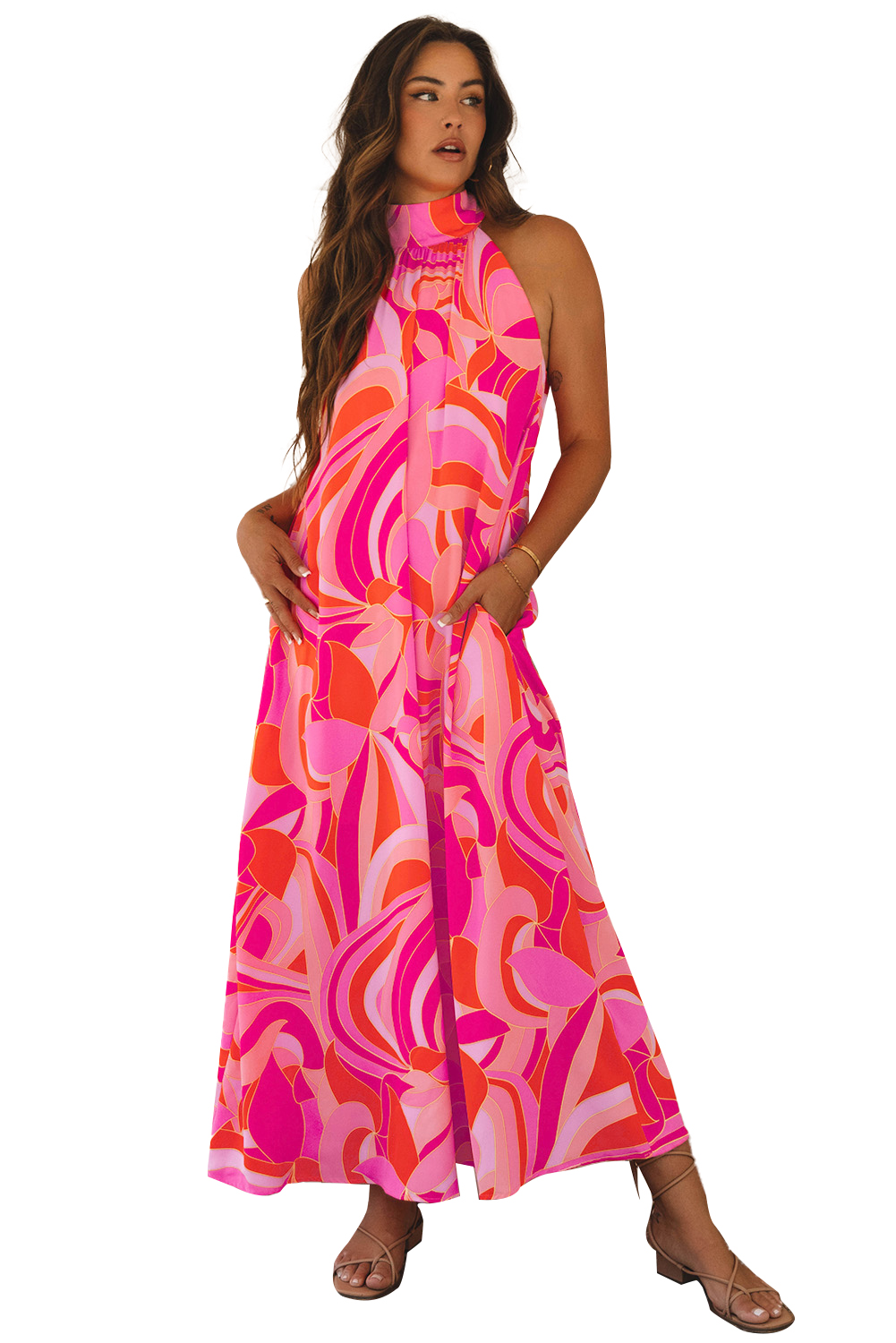 Rose Abstract Printed High Neck Knotted Nape Sleeveless Maxi Dress - loveforevers