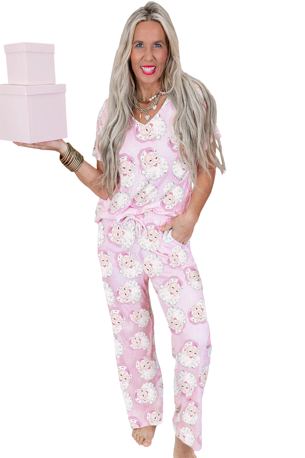 Pink Santa Claus Print V Neck Tee Drawstring Pants 2pcs Lounge Set - loveforevers