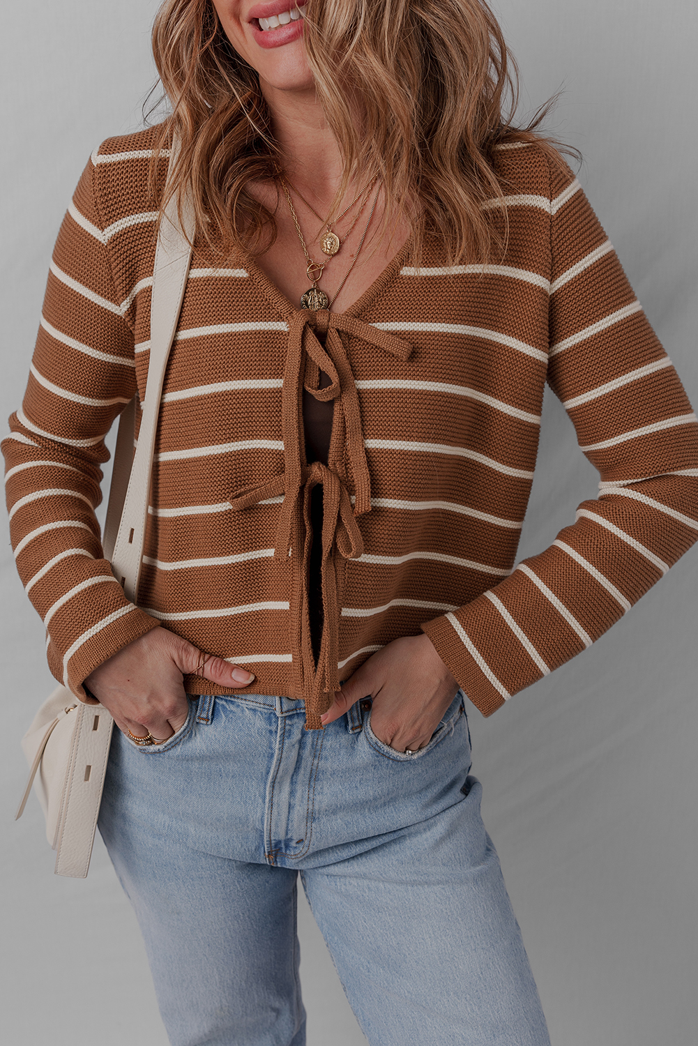 Chestnut Tie Front Striped Knit V Neck Cardigan Sweater - loveforevers