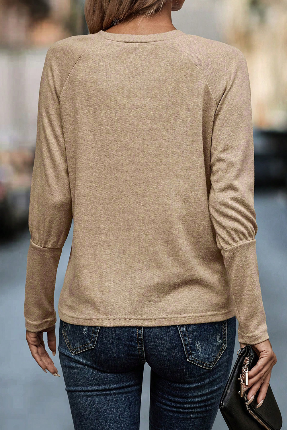 Pale Khaki Solid Ruched Raglan Sleeve Knit Top - loveforevers
