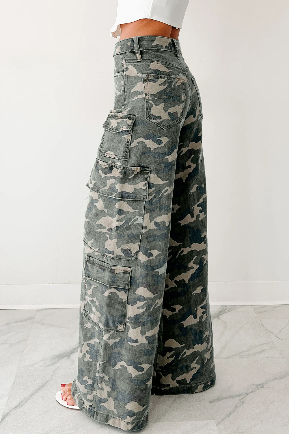 Green Camo Denim Cargo Wide Leg Pants - loveforevers