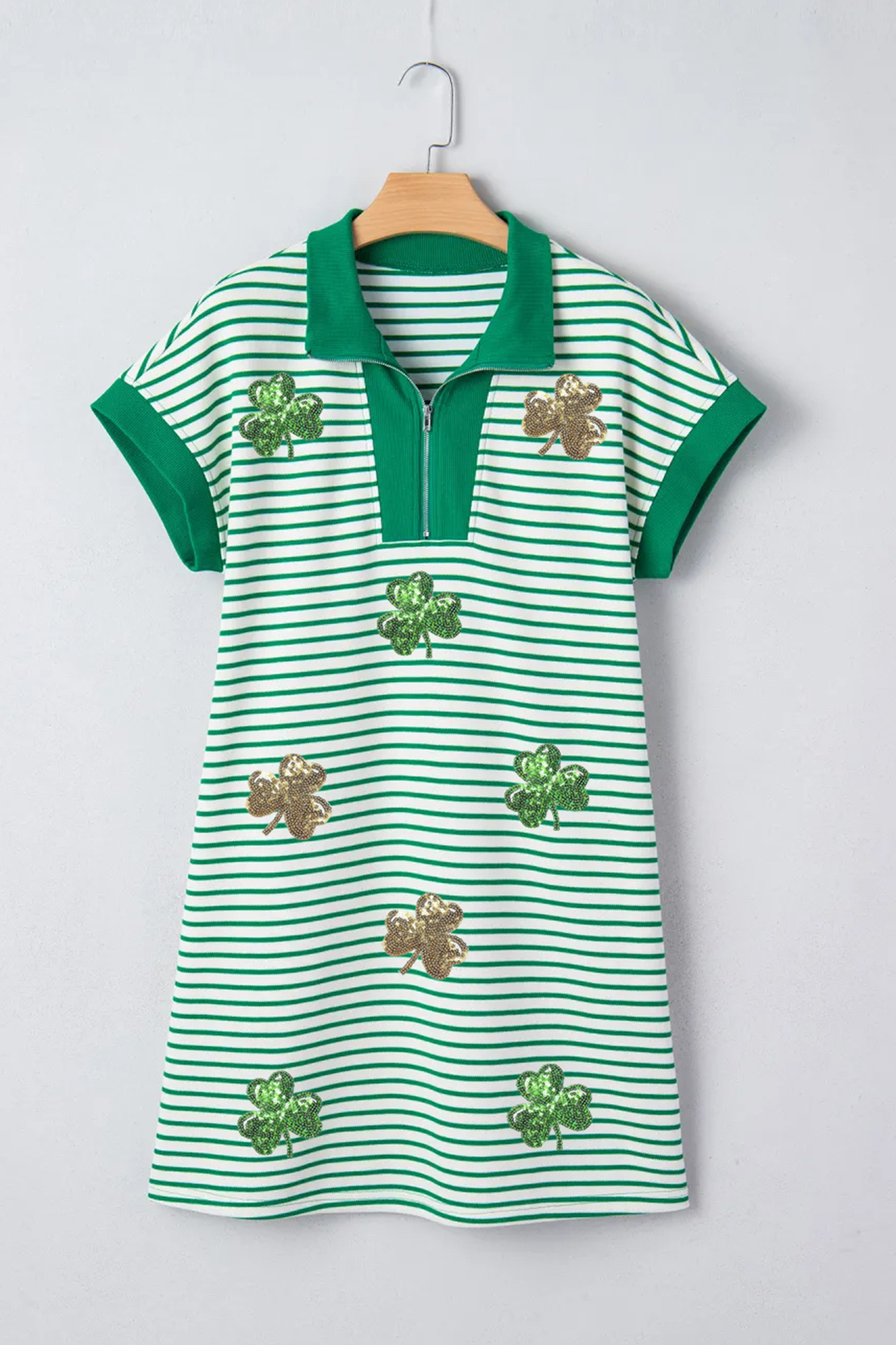 Green Stripe Magic St Patricks Day Sequin Graphic Zip Polo Tee Dress - loveforevers