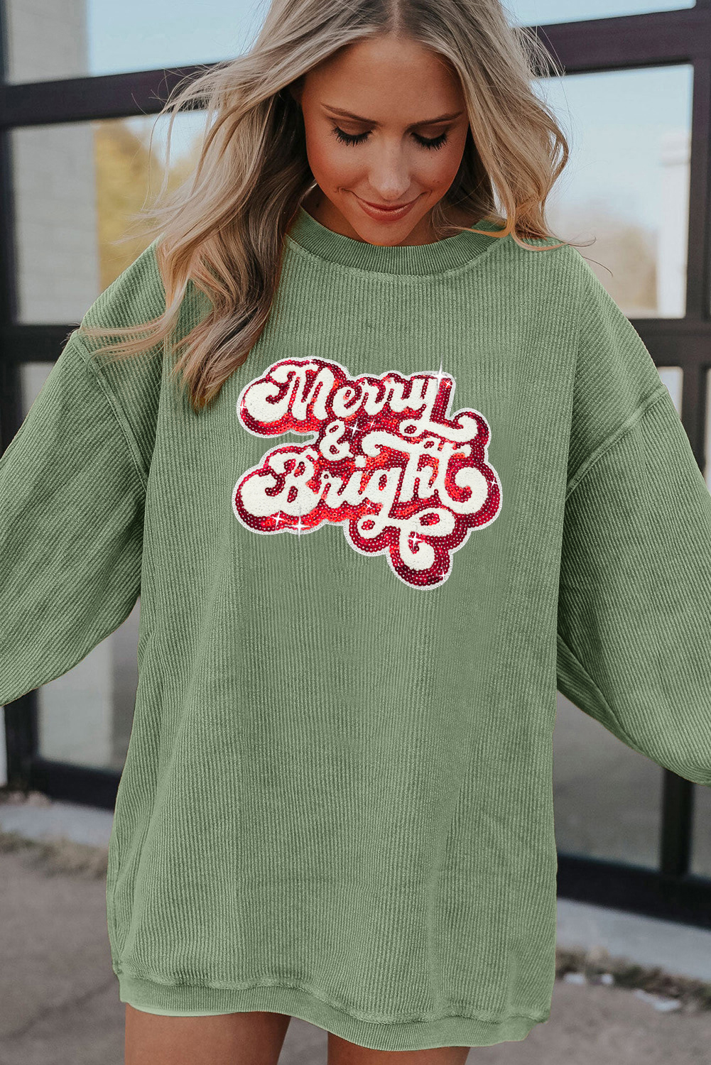 Grass Green Merry & Bright Sequin Ribbed Crew Neck Sweatshirt - loveforevers