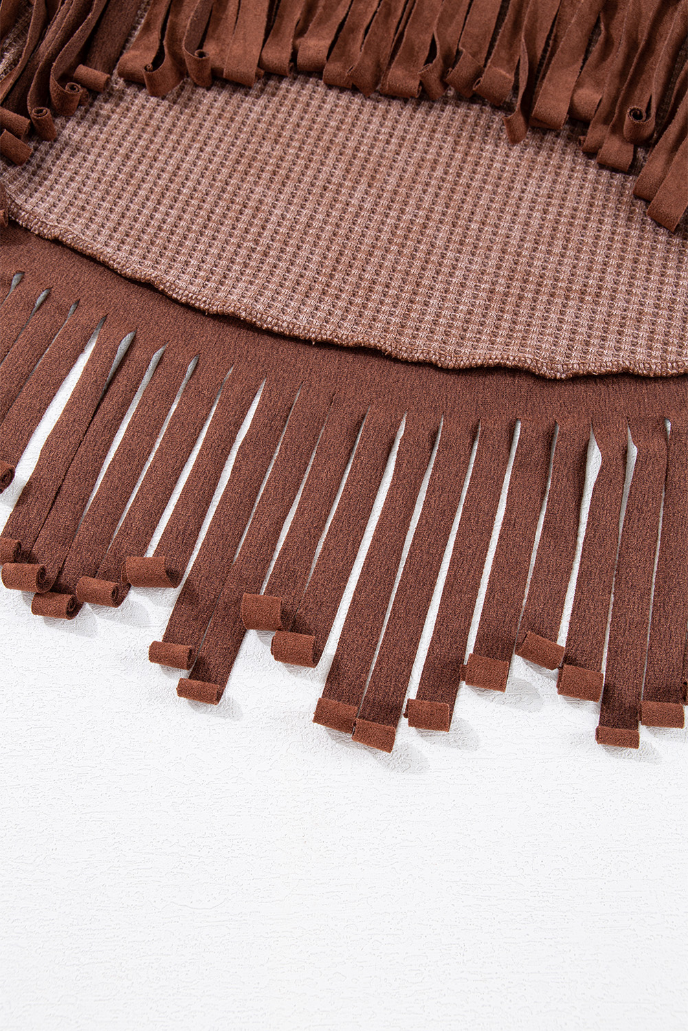Coffee Waffle Knit Fringed High Low Loose Top - loveforevers