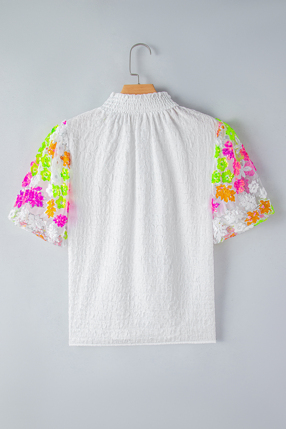 White Smocked Collar Sequin Flower Puff Sleeve Textured Top - loveforevers