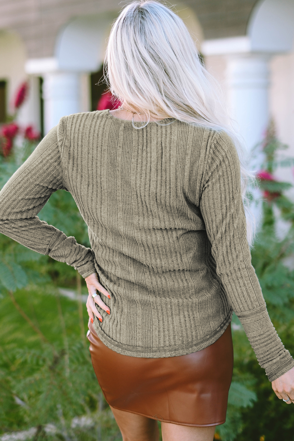 Jungle Green V Neck Buttoned Ribbed Knit Top - loveforevers