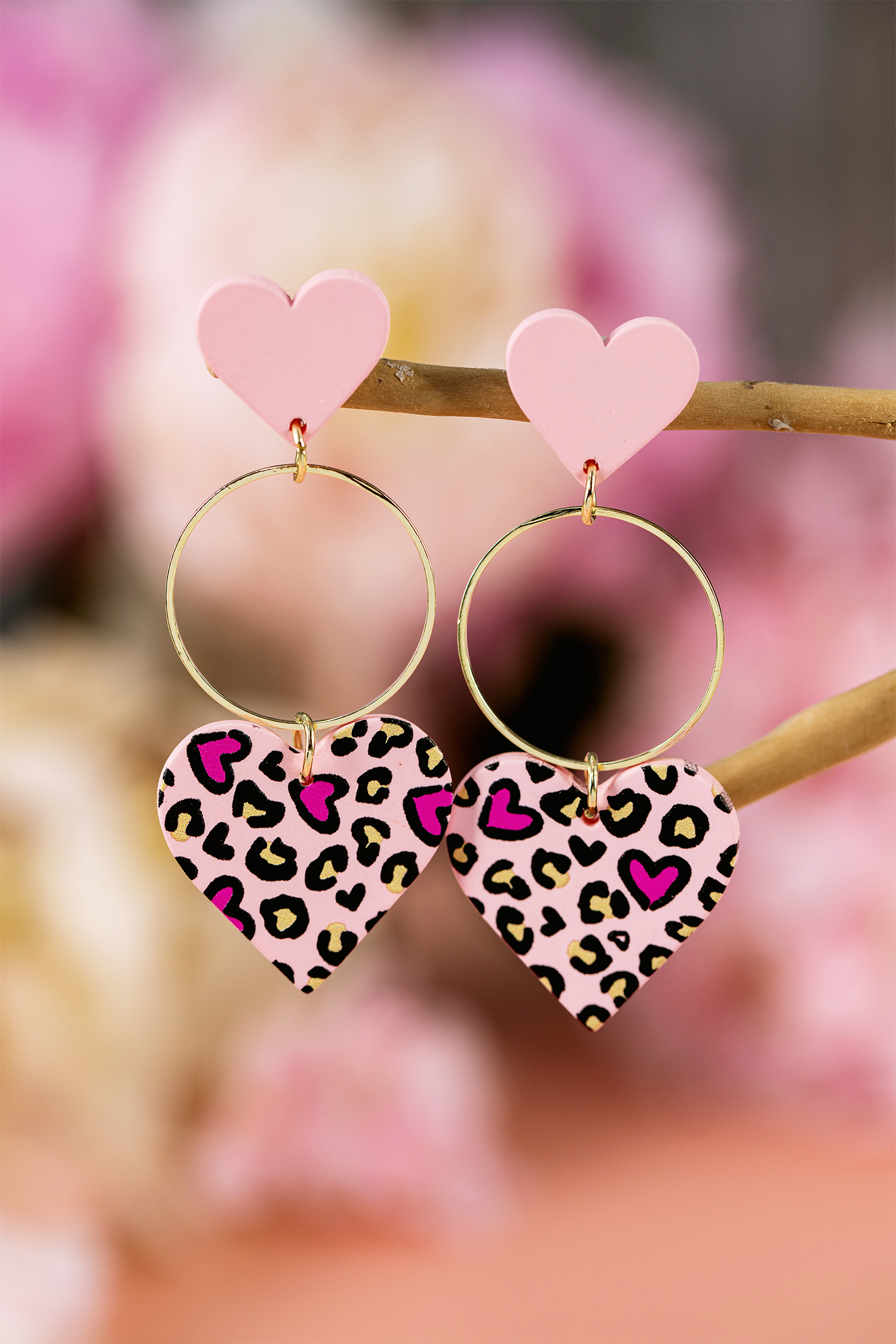 Pink Leopard Double Heart Golden Hoop Dangle Earrings - loveforevers