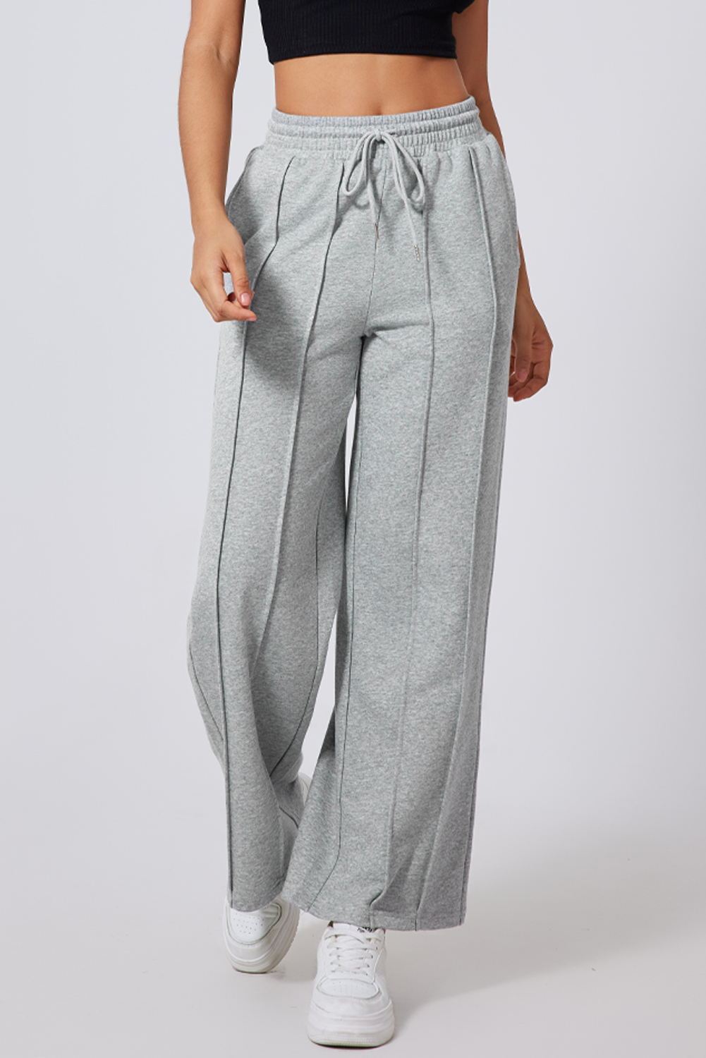 Black Seamed Drawstring High Waist Wide Leg Sweatpants - loveforevers