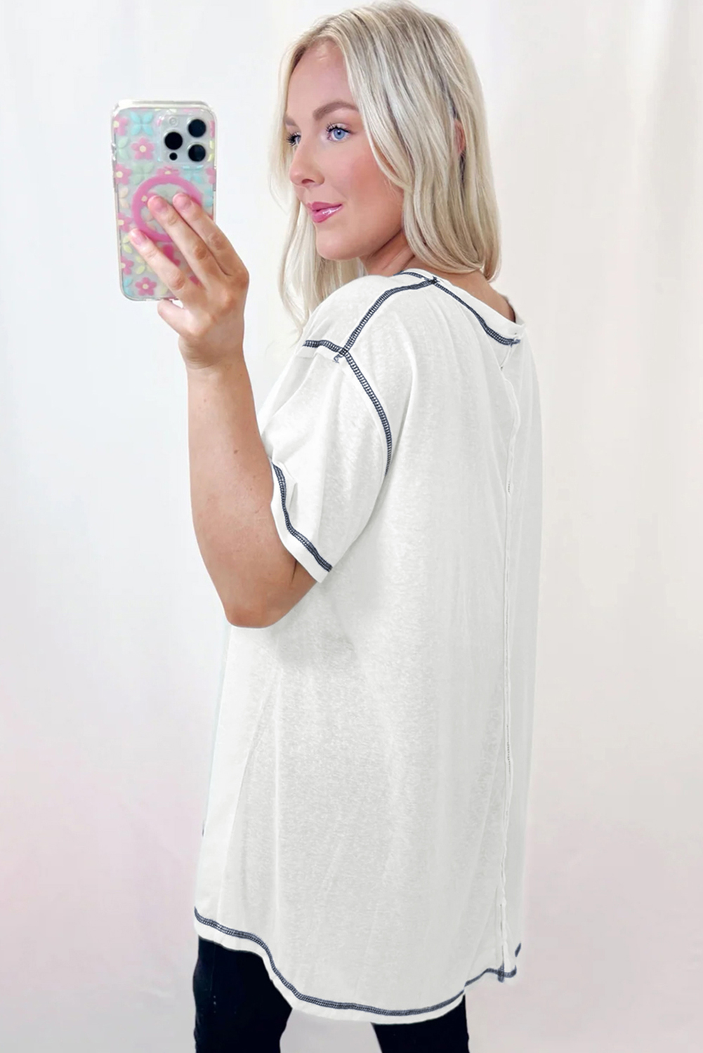 White Contrast Exposed Stitching Relaxed Fit T Shirt - loveforevers