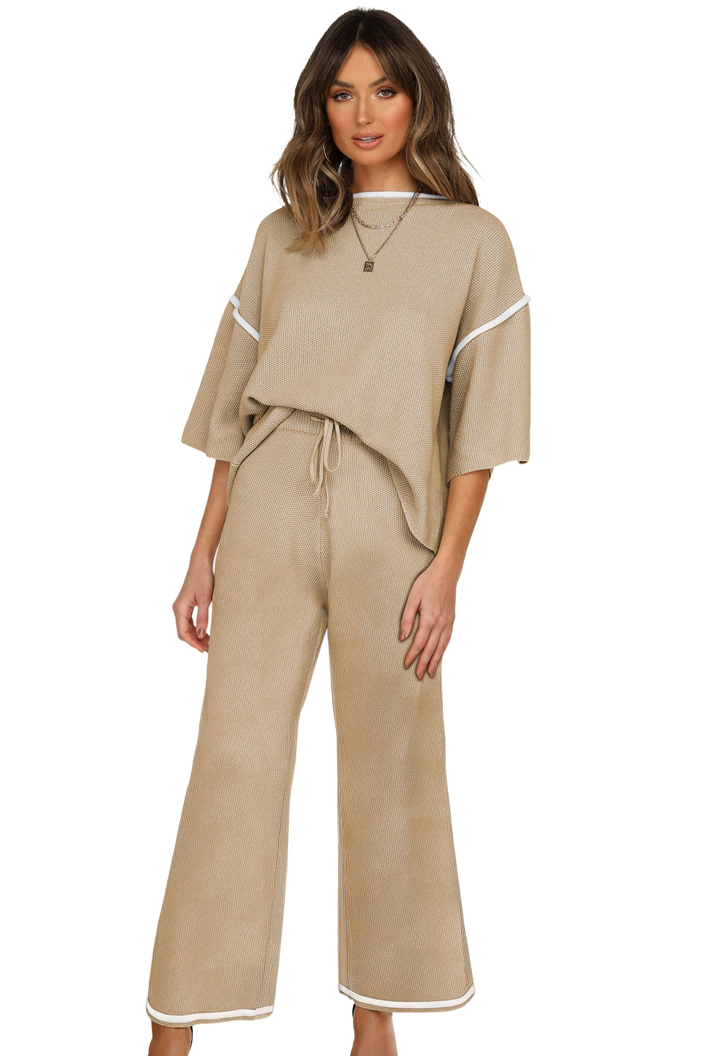 Blackish Green Contrast Trim Half Sleeve Top Drawstring Pants Loose 2pcs Sweater Suit - loveforevers