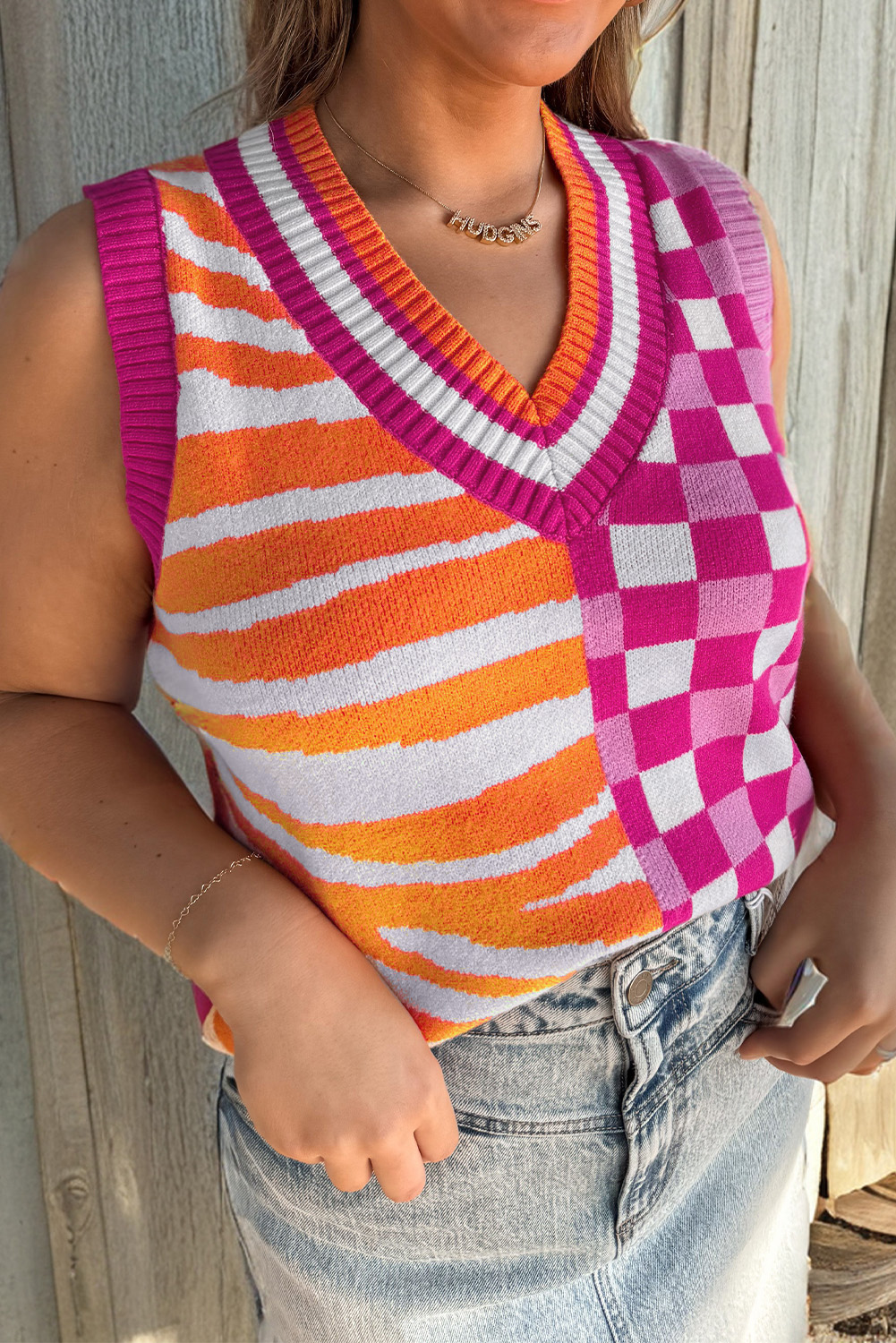 Yellow Striped Checkered Contrast Patchwork V Neck Sweater Vest - loveforevers