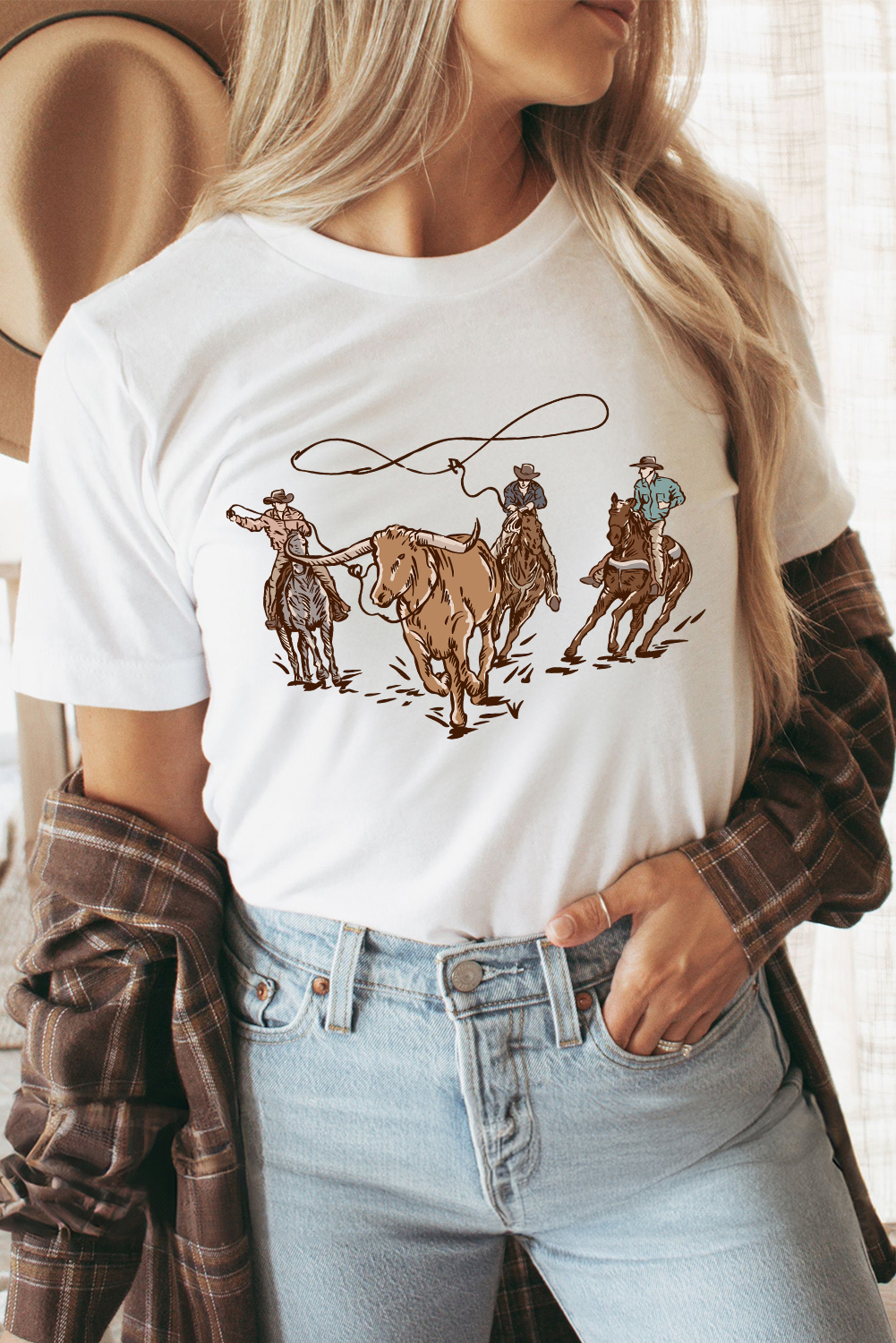 White Retro Cowboy Roping Cotton Blend Graphic Tee - loveforevers
