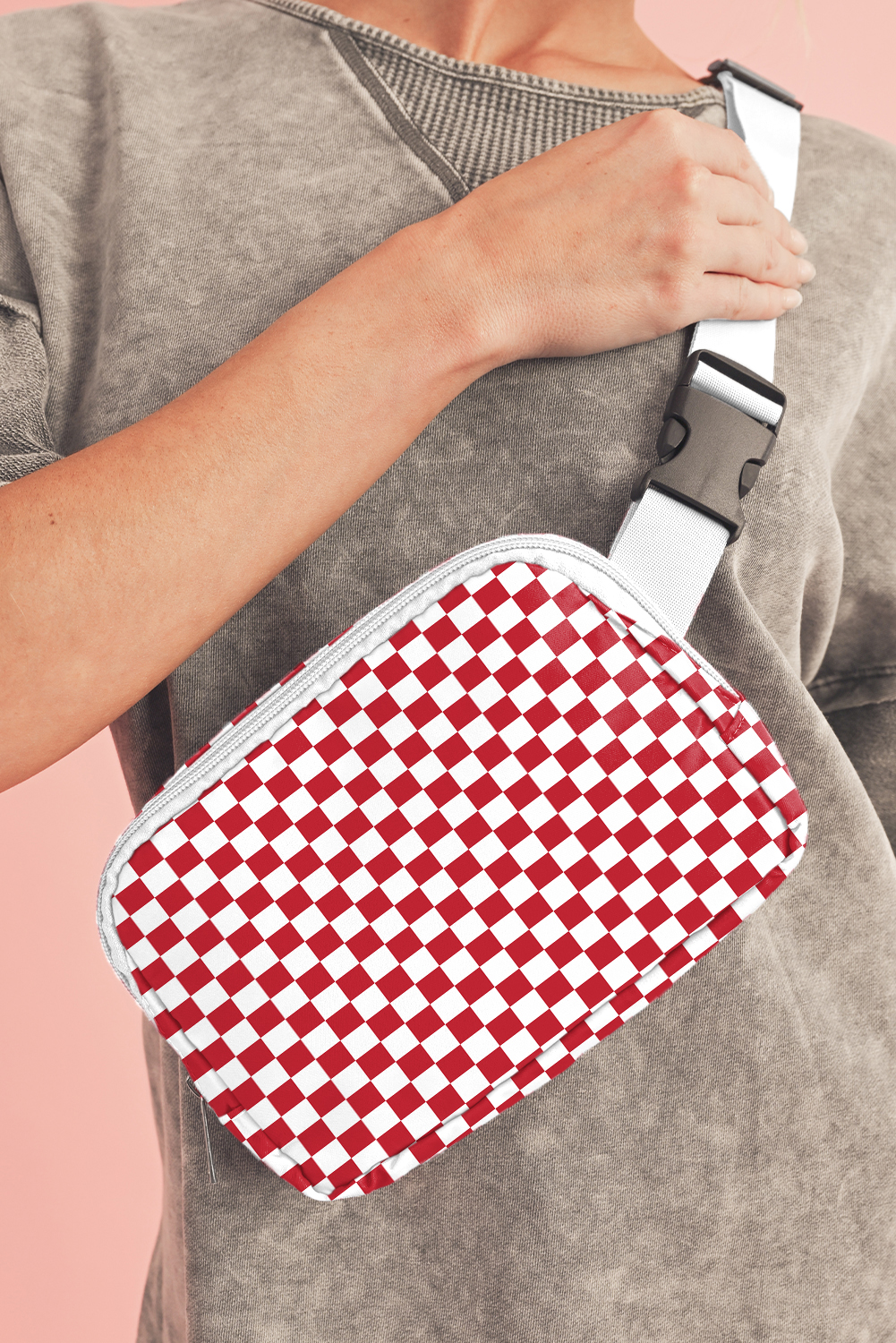 Fiery Red Checkered Print Zipped Buckle Strap Crossbody Bag - loveforevers