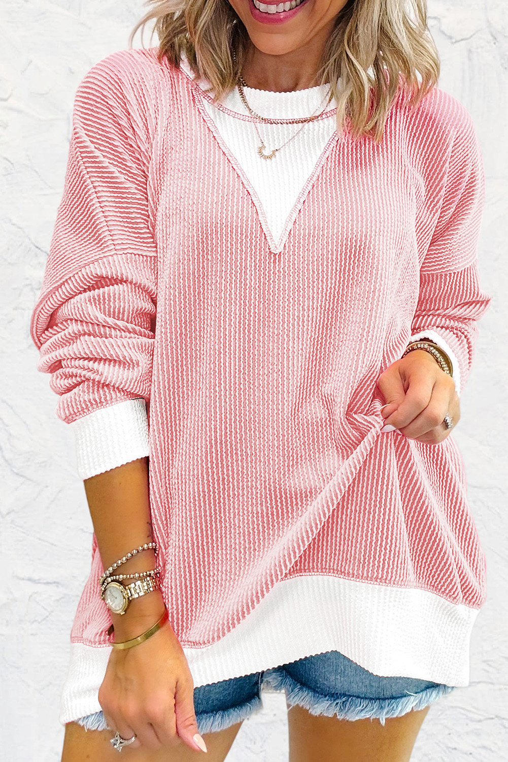 Peach Blossom Corded Colorblock Drop Shoulder Loose Top - loveforevers