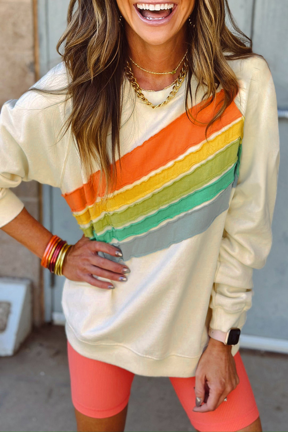 Apricot Rainbow Colorblock Striped Pullover Sweatshirt - loveforevers
