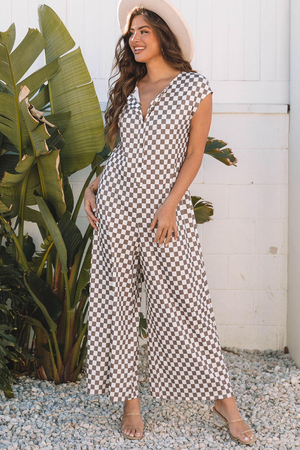 Khaki Checkered Print Buttoned Crew Neck Wide Leg Jumpsuit - loveforevers