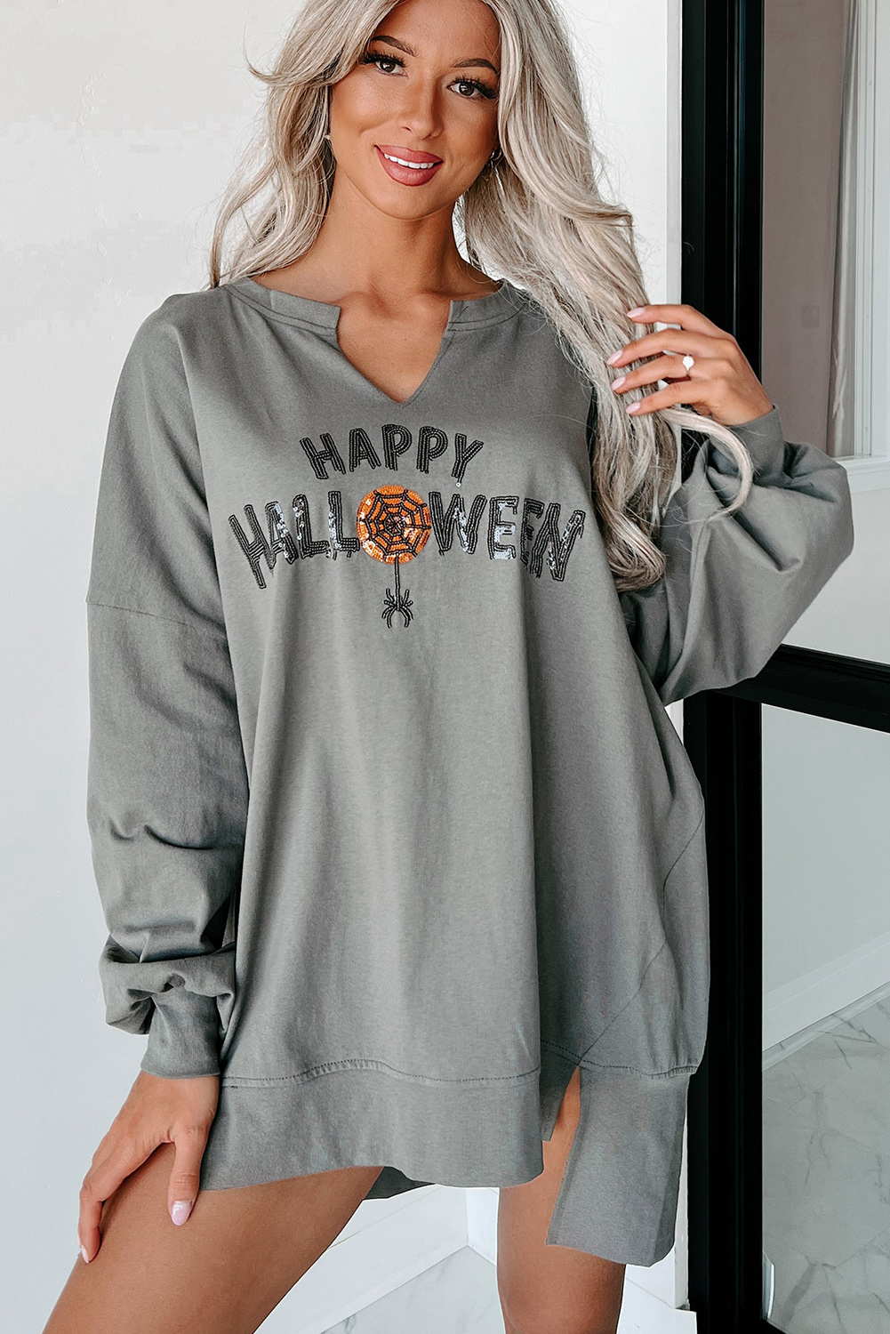 Medium Grey Sequin Happy Halloween Graphic Notched Neck Long Sleeve Loose Top - loveforevers