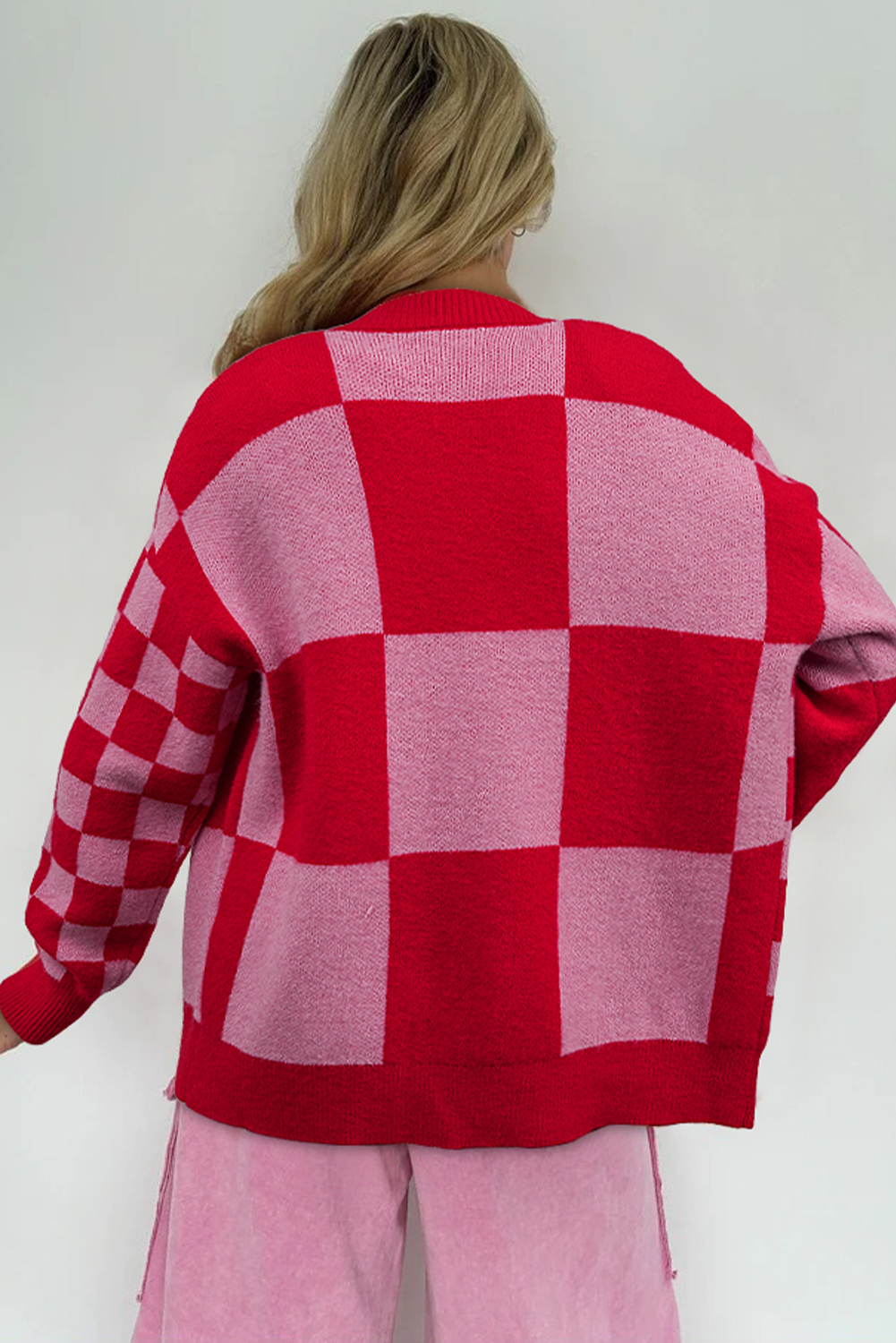 Fiery Red Mixed Plaid Relaxed Sweater Cardigan - loveforevers