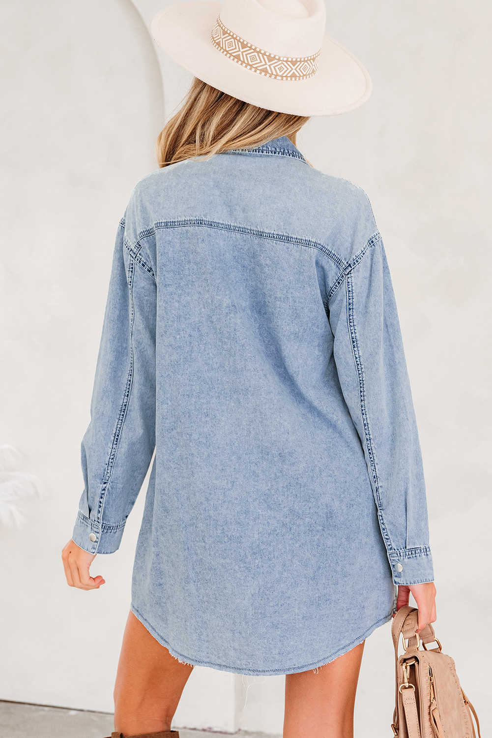 Blue Beau Chest Pocket Raw Hem Denim Loose Shirt Dress - loveforevers