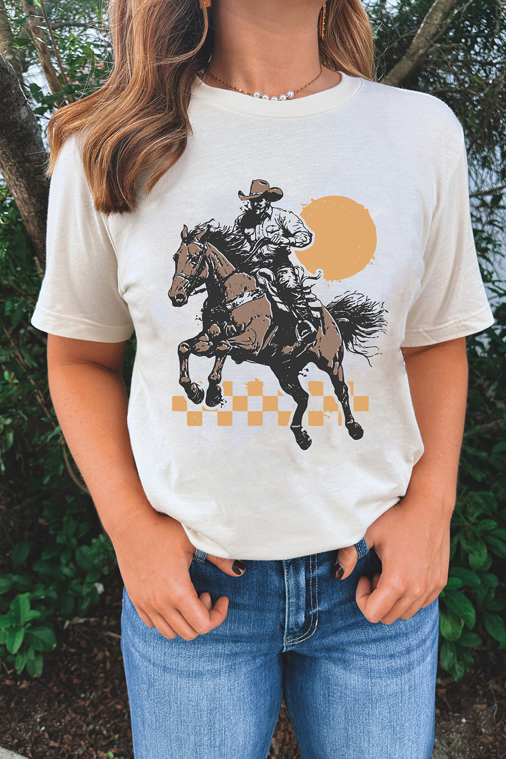 White Sunset Cowboy Print Western Fashion T Shirt - loveforevers