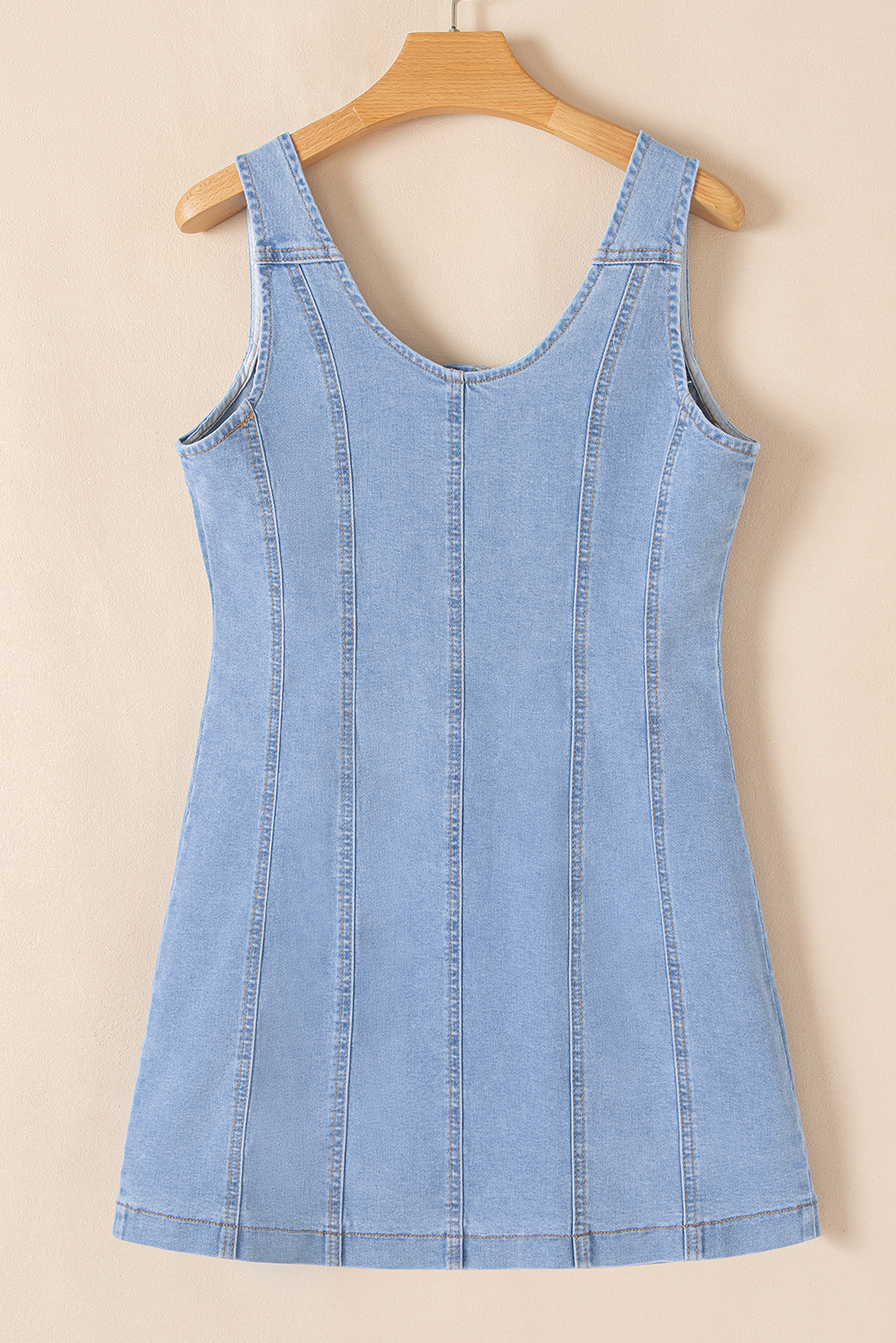 Beau Blue Light Wash Denim Buttoned Front Chest Pockets Sleeveless Slim Mini Dress - loveforevers