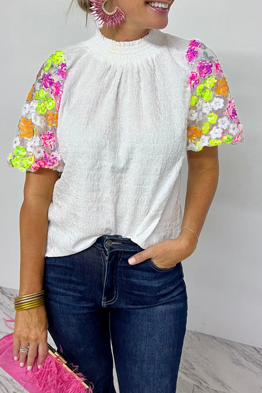 White Smocked Collar Sequin Flower Puff Sleeve Textured Top - loveforevers