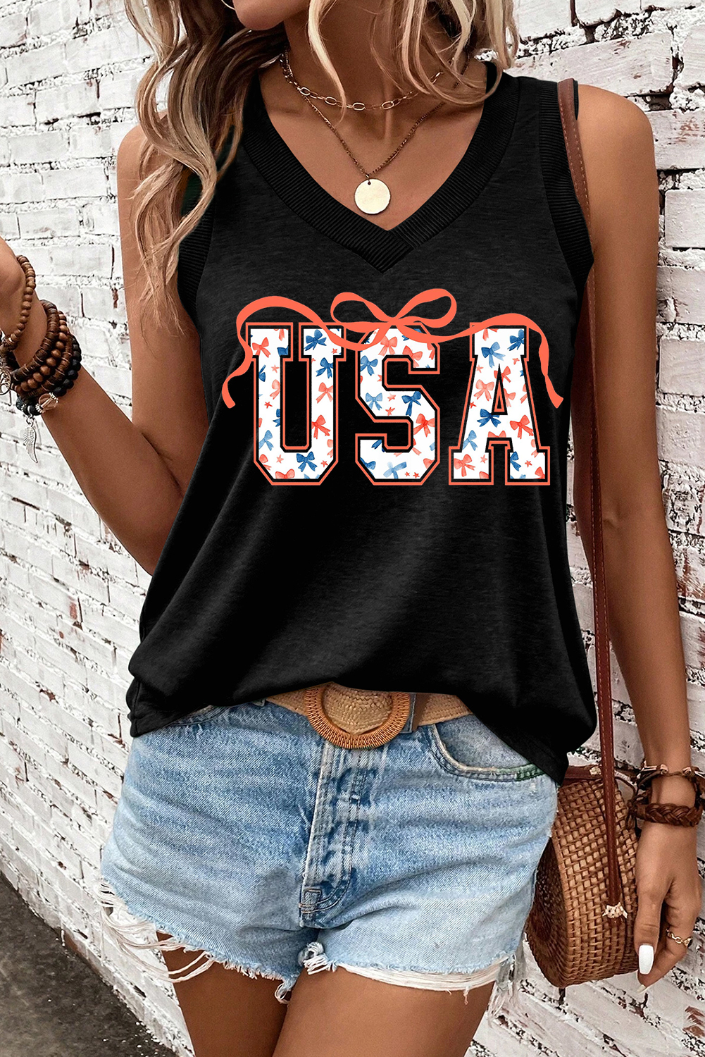 Black USA Bow Tie Print V Neck Tank Top - loveforevers