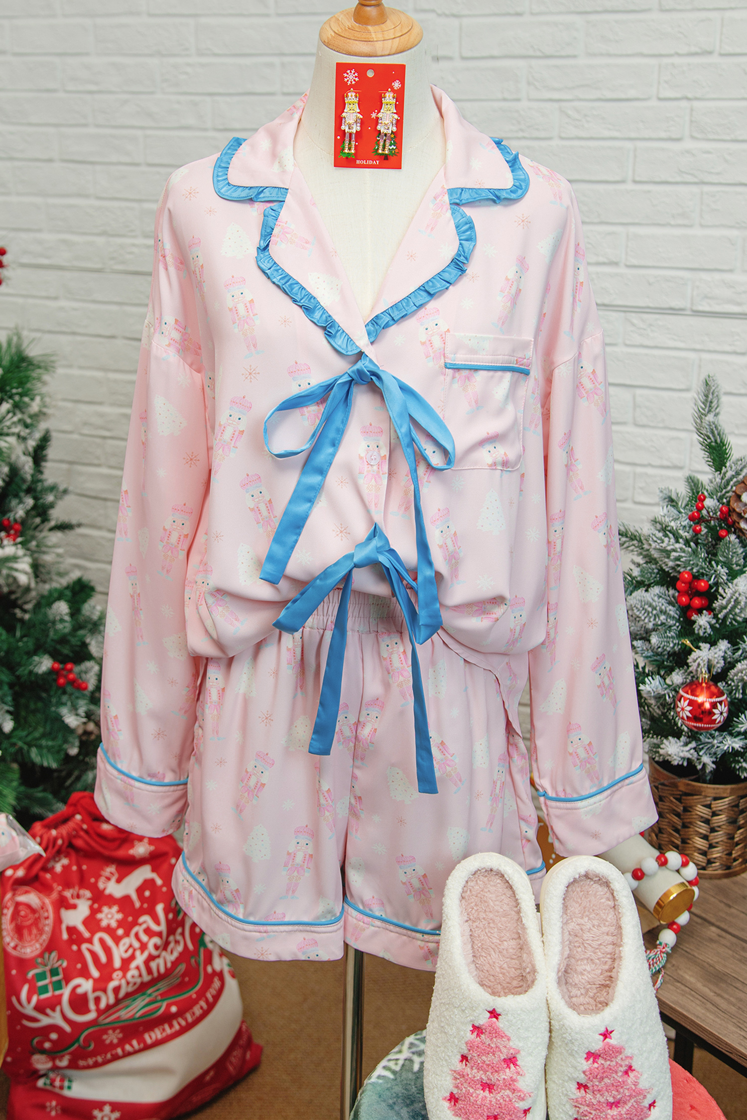 Pink Bow Tie Front Christmas Nutcracker Long Sleeve Shirt Shorts Pajama Set - loveforevers