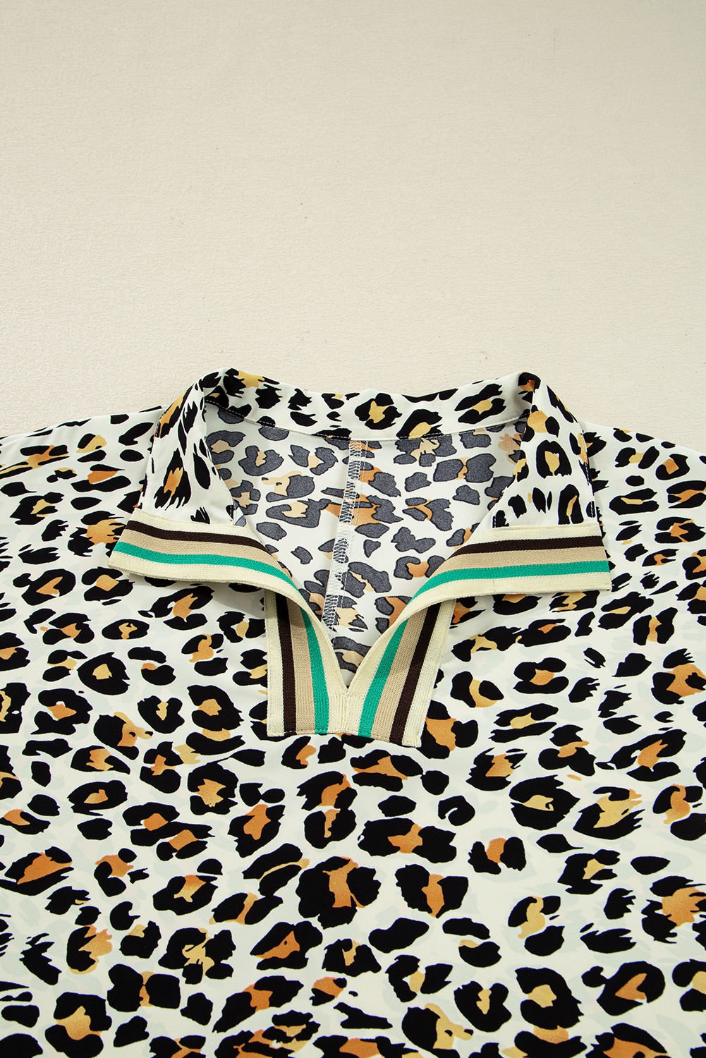 Khaki Leopard Print Contrast Striped V Neck Blouse - loveforevers