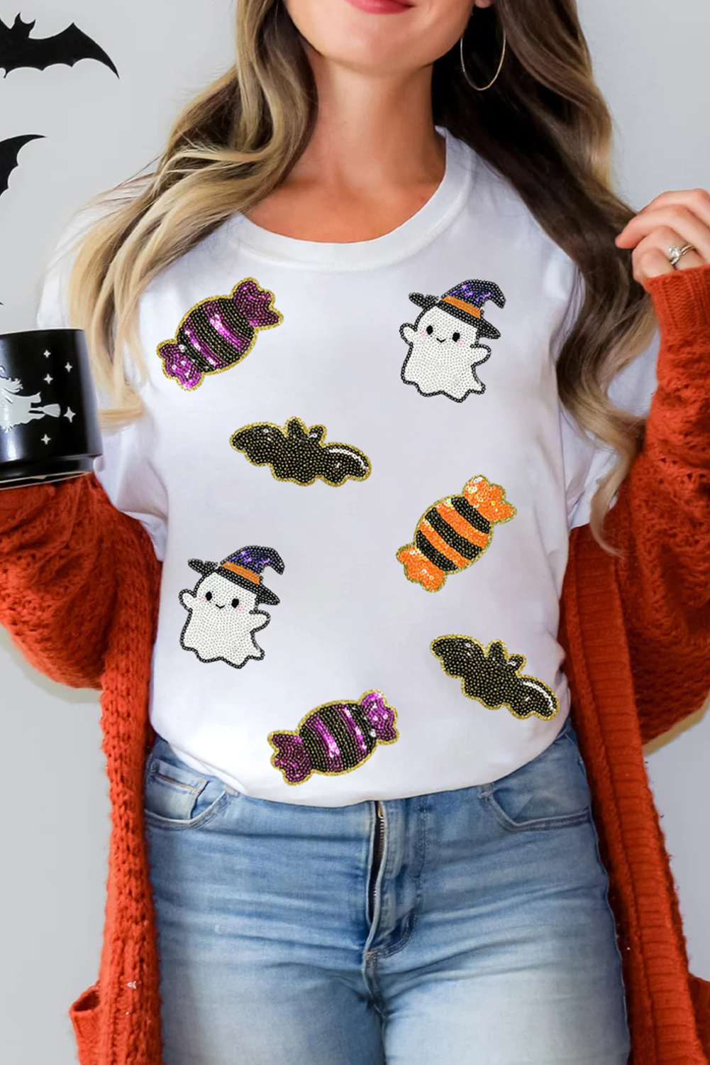 White Sequined Halloween Spirit Pattern Patched Custom Casual Tee - loveforevers
