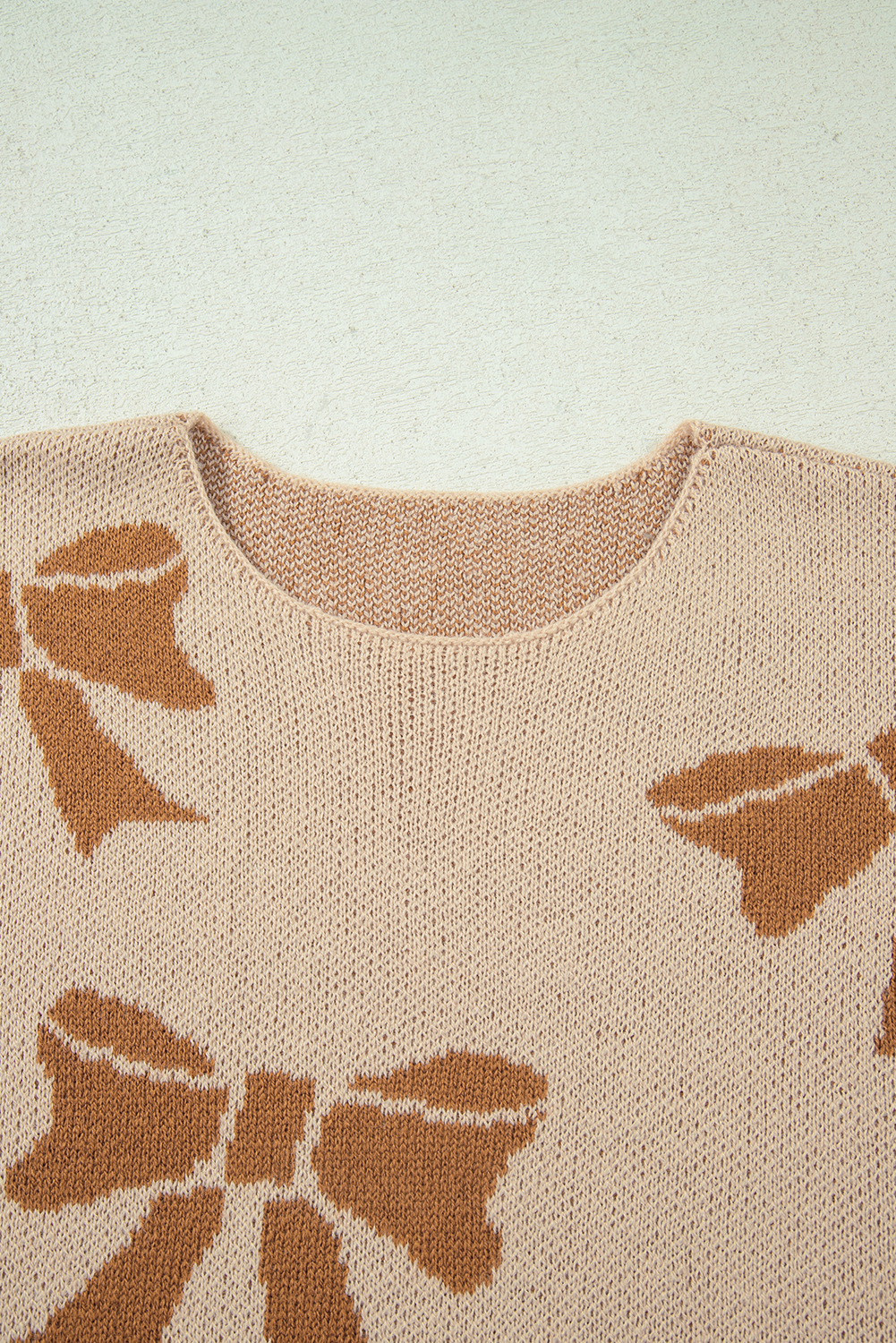 Straw Yellow Ribbon Bow Print Checkered Striped Sleeve Drop Shoulder Sweater - loveforevers