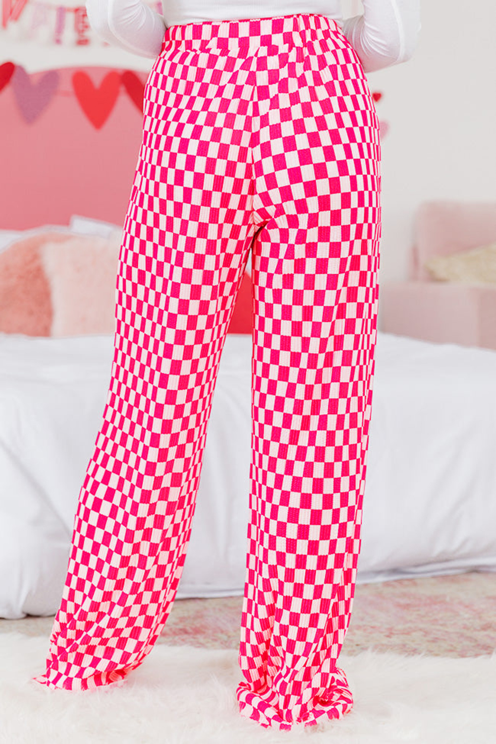 Pink Checkered Buttoned Shirt and High Waist Pants Pajama Set - loveforevers