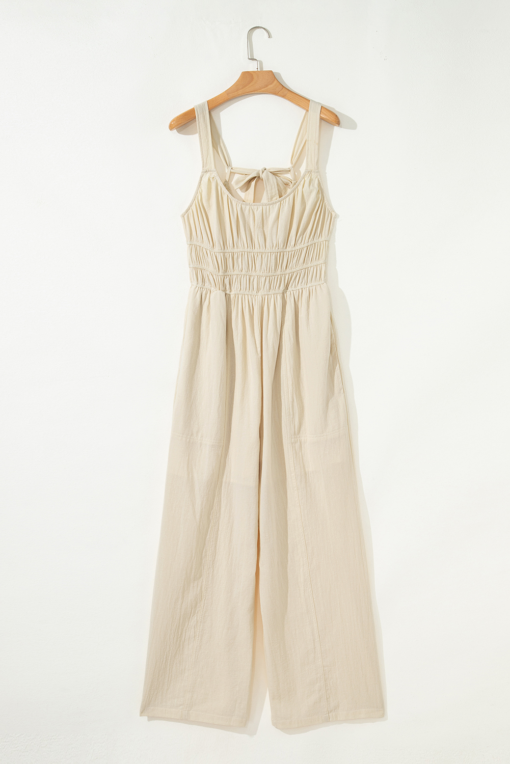 Beige Ruched High Waist Sleeveless Wide Leg Jumpsuit - loveforevers