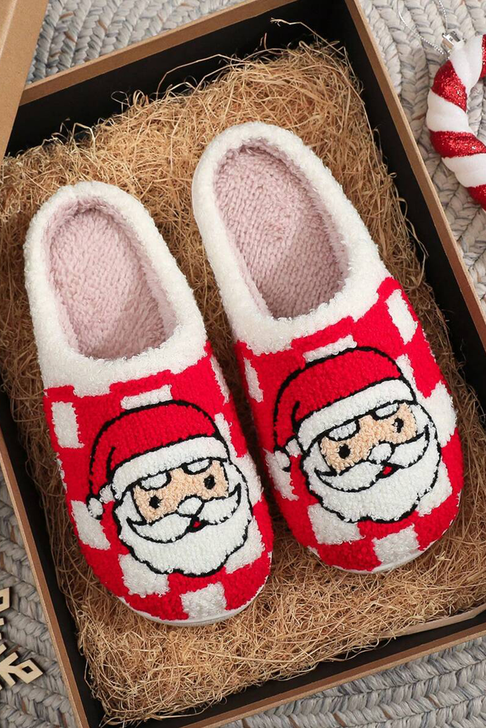 Fiery Red Checkered Santa Claus Graphic Plush Home Slippers - loveforevers
