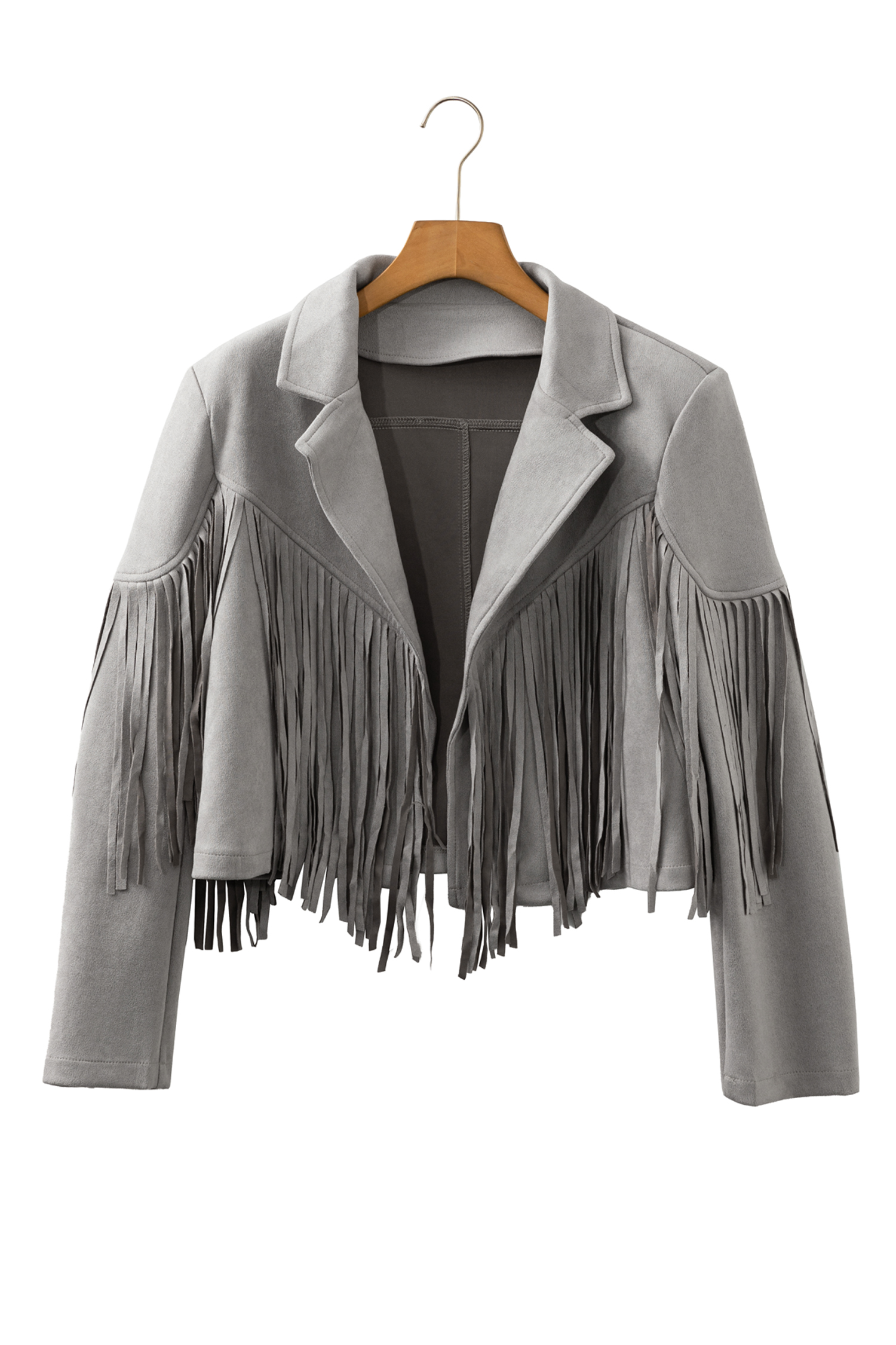 Gray Cropped Fringe Faux Suede Jacket - loveforevers