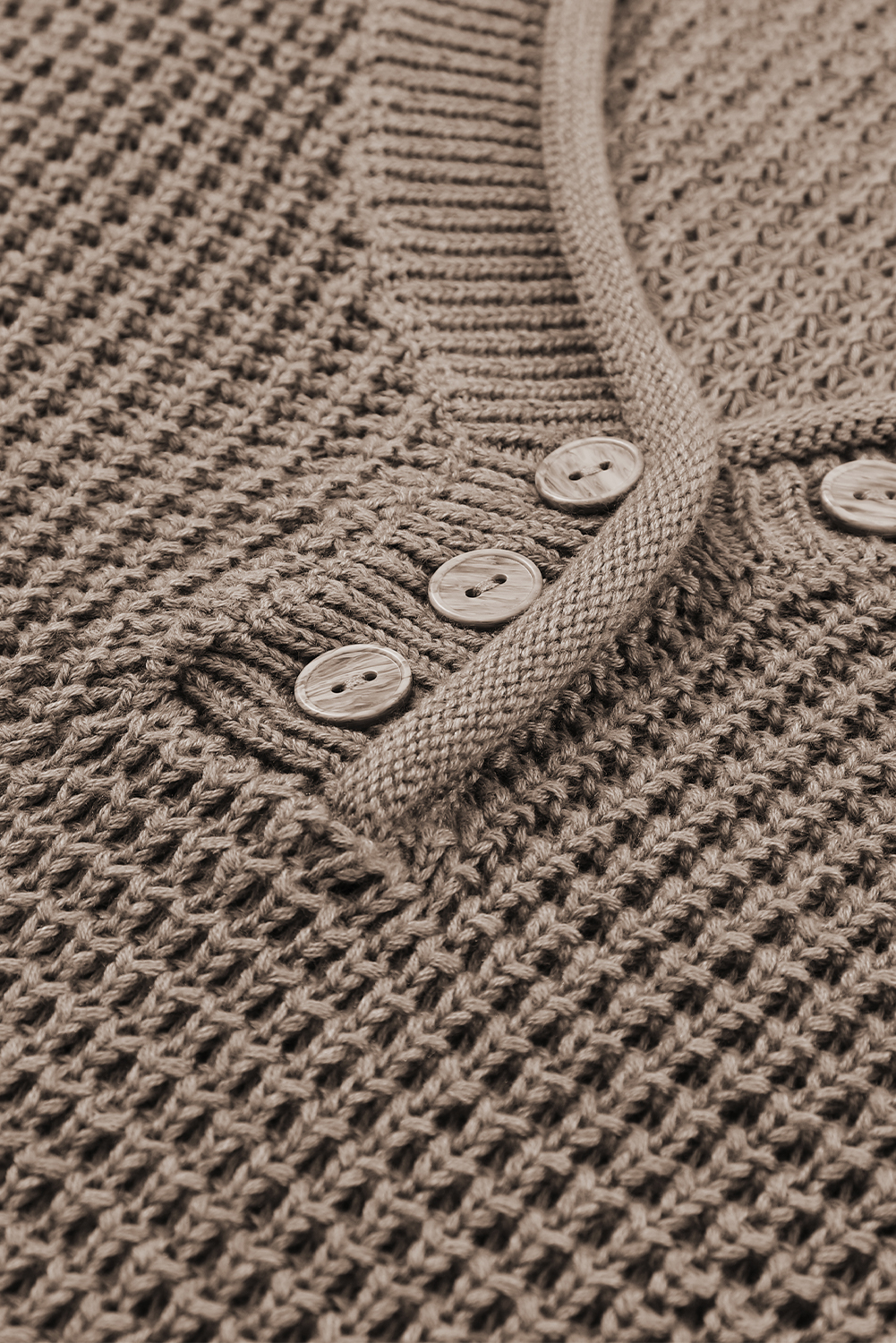 Khaki Pointelle Knit Button V Neck Drop Shoulder Sweater - loveforevers