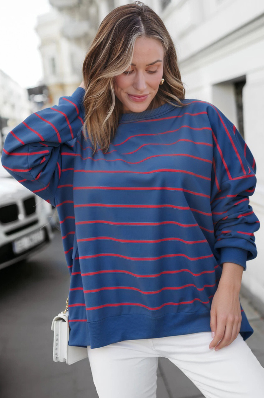 Blue Stripe Stylish Overlap Detail Drop Shoulder Pullover Sweatshirt - loveforevers
