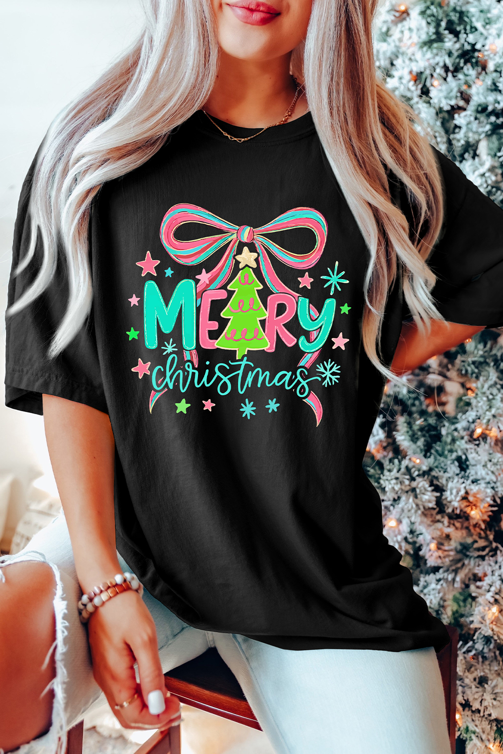 Black MERRY Christmas Vibrant Bow Print T Shirt - loveforevers