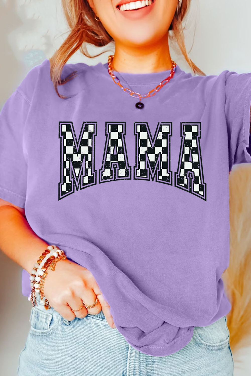 Wisteria Checkerboard MAMA Graphic Crewneck Tee - loveforevers