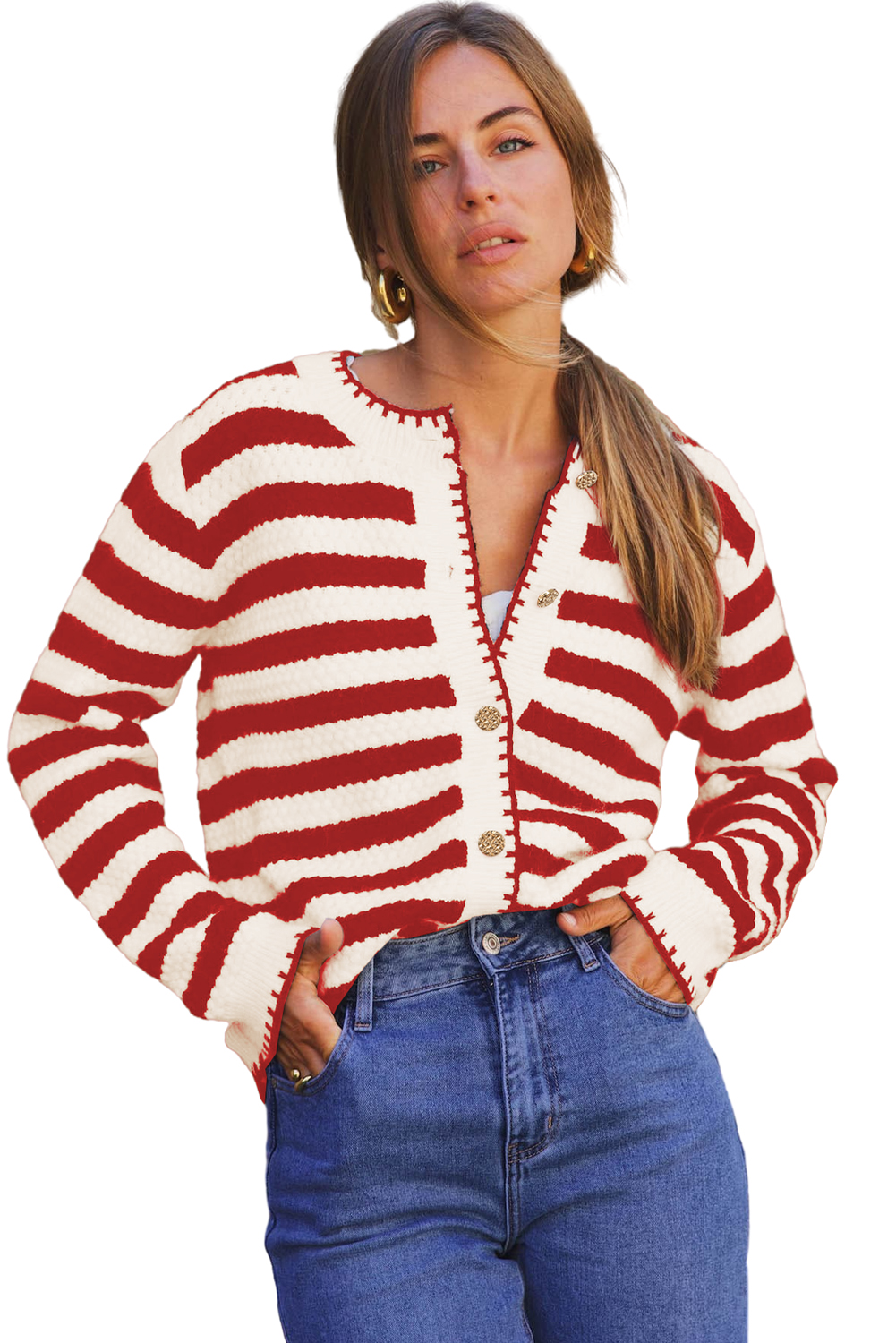 Red Stripe Chic Golden Button Cardigan Sweater - loveforevers