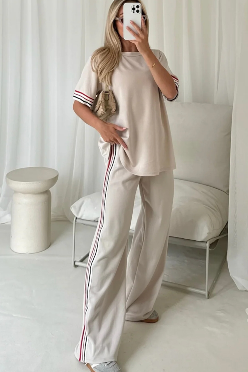 Jet Stream Contrast Striped Trim Crewneck T Shirt Loose Straight Pants Set - loveforevers